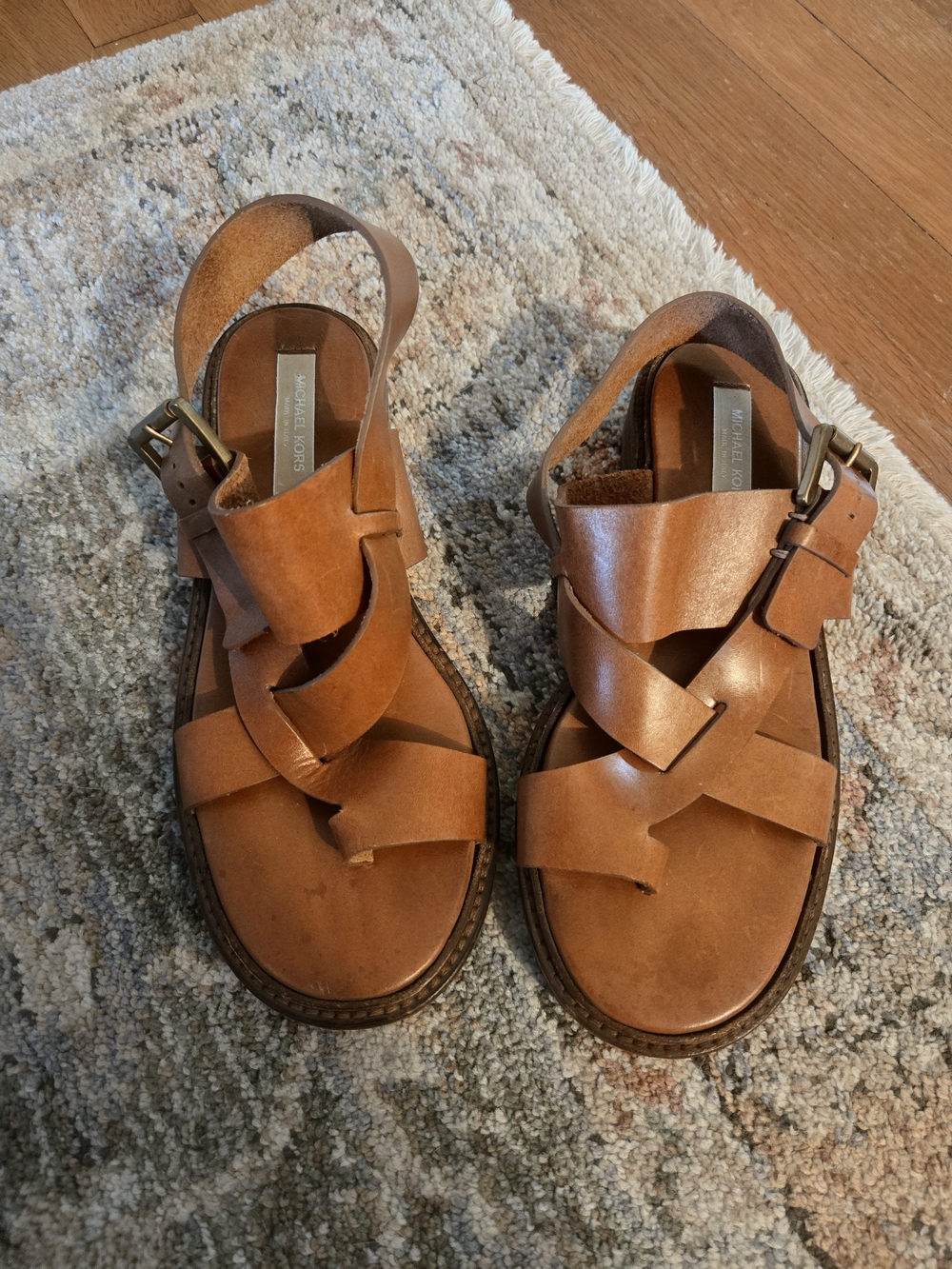 Michael Kors Cognac Leather Lug Sole Braided Strap Sandals 37.5 7.5 Italy